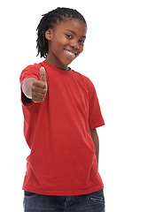 Image showing Boy, child and portrait with smile and thumbs up for yes or feedback, review and OK on white background. Support, vote and happy, hand gesture or like emoji in studio with thanks you or praise