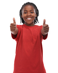 Image showing African child, boy and thumbs up in portrait, agreement vote or hand gesture for like on white background. Smile, review or happy male kid with okay, thank you or good feedback for support in studio