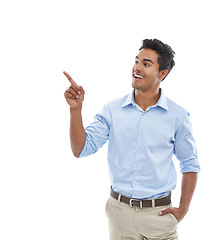 Image showing Business man, pointing and presentation in studio for news, announcement or information of career or job. Excited employee, accountant or presenter with guide, steps or list on a white background