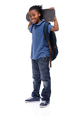 Image showing Portrait, skateboard and happy african boy in studio isolated on white background for sports or leisure. Kids, smile or training and confident young skater kid with board for fun or recreation