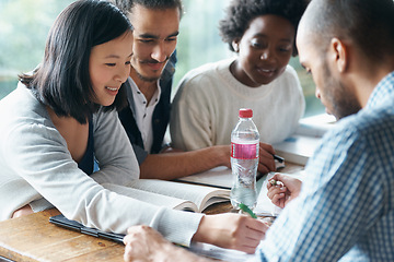 Image showing Students, college and education, studying together with books for research project and diversity on university campus. Discussion, learning and knowledge for academic growth, with people and teamwork