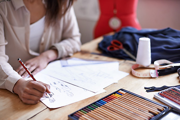 Image showing Fashion designer, hands and sketch on paper with pencil in startup office of small business. Creative, person or tailor drawing at desk for illustration project, planning or writing draft for clothes