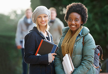 Image showing Portrait, students and outdoor with friends, university and education with lunch break on campus. Face, people and girls with books and smile with sunshine and summer with studying and learning