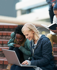 Image showing College, women and laptop on stairs outdoor for research, relax or break on campus with social media. University, students and smile with technology for internet, streaming or learning and diversity