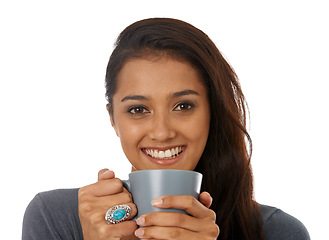 Image showing Woman, drinking tea and relaxing in studio portrait, caffeine and comfortable on white background. Female person, smile and calming tea or hot beverage for peace, inspiration and espresso to enjoy