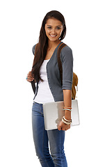 Image showing Portrait, smile and Indian woman with laptop, student and model isolated on a white studio background. Person, college and girl with backpack and computer with happiness and knowledge with education