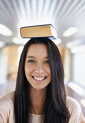 Image showing Student, balance and portrait of woman with books for learning, studying and reading in university. Education, college and happy person with textbooks for knowledge and information in campus library