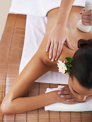 Image showing Relax, massage and woman with luxury, spa and stress relief with wellness and healthy skincare. People, customer and client with shine or glow with beauty or vacation with salon treatment or grooming