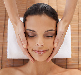 Image showing Wellness, face and spa with woman, massage and luxury with healthy skincare and salon treatment. Person, customer and client with facial physical therapy and relaxing with beauty, aesthetic and peace