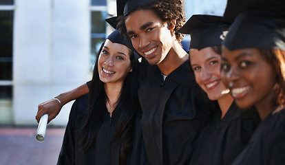 Image showing Friends, students and portrait at graduation, embrace and united for university success or achievement. People, smile and pride at outdoor ceremony, education and degree or scroll for qualification