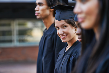 Image showing Woman, student and portrait at graduation, education and university success or achievement. Happy female person, smile and pride at outdoor ceremony, accomplishment and knowledge in qualification