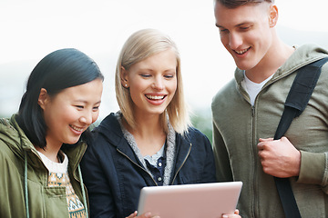 Image showing University, friends and happy with tablet outdoor for research, relax or break on campus with social media. College, people and smile with technology for internet, streaming or learning and diversity