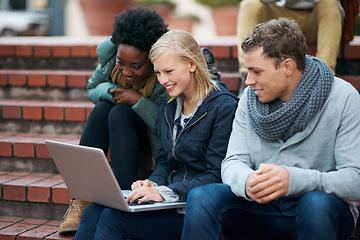 Image showing University, students and laptop on stairs outdoor for research, relax or break on campus with social media. College, people and smile with technology for internet, streaming or learning and diversity