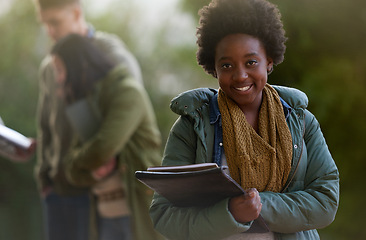 Image showing Student, black woman and smile with books on campus, education and learning with studying. Happy, scholarship and university for academic growth, textbook or notebook with knowledge in portrait