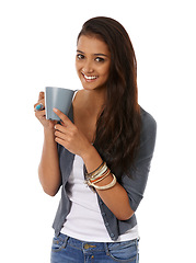 Image showing Woman, drinking coffee and relaxing in studio portrait, tea and comfortable on white background. Female person, smile and calming tea or hot beverage for peace, inspiration and espresso to enjoy