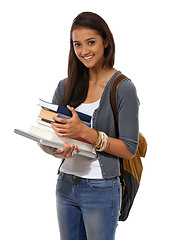 Image showing Woman, student and books in studio portrait, ready and textbooks for knowledge on white background. Female person, backpack and smile for studying, education and preparing for university or college