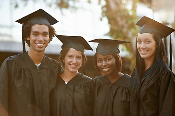 Image showing Friends, students and portrait at graduation, hugging and united for university success or achievement. People, smile and pride at outdoor ceremony, education and solidarity for college milestone