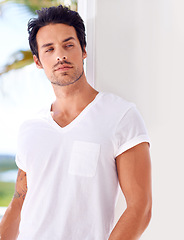 Image showing Man, thinking and serious about fashion outdoor in summer with memory of vacation or holiday. Casual, style and calm person relax in sunshine and remember idea for travel to Miami and Florida