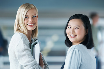 Image showing Portrait, friends and happy students in university for learning, knowledge and girls together with books. Face, smile and women in college, school and diversity of people at campus for education