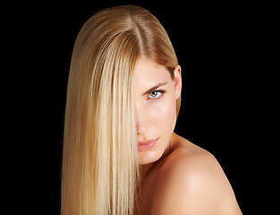 Image showing Beauty, hair and portrait of woman with keratin, salon care and straight hairstyle isolated in dark studio. Styling, treatment and face of blonde girl with healthy haircare shine on black background.