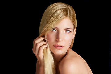 Image showing Beauty, haircare and portrait of woman with straight hairstyle, salon care and keratin isolated in dark studio. Styling, treatment and face of blonde girl with healthy hair shine on black background.