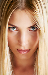 Image showing Beauty, hair and portrait of woman with serious face, straight hairstyle and salon care in closeup. Styling, cosmetics and confident blonde girl with haircare, healthy shine and keratin treatment.