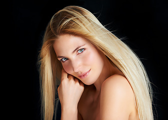 Image showing Shine, hair and portrait of woman with confidence, straight hairstyle and salon beauty isolated in dark studio. Styling, keratin treatment and face of girl with healthy haircare on black background.