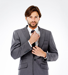 Image showing Businessman, portrait and fashion with tie for career ambition or opportunity on a white studio background. Face of handsome man, employee or professional getting ready in stylish suit for business