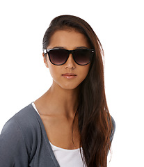 Image showing Woman, sunglasses and cool fashion in studio, casual style and trendy outfit on white background. Female person, shades and lovely eyewear on backdrop, confidence and pride for designer accessories