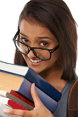 Image showing Student, portrait and glasses with books as nerd for education in studio for university, learning or future. Female person, face and white background with eyewear for smart academy, reading or India