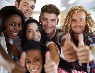 Image showing Friends, students and thumbs up for college, portrait and promotion for university and education. People, diversity and approval for school or agreement, academy and thank you for knowledge in class