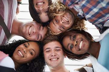 Image showing Friends, students and huddle on college campus, portrait and solidarity at university and education. People, diversity and united below at school, academy and collaboration for studying in class