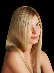 Image showing Beauty, hair and portrait of woman with blonde hairstyle, salon care and keratin treatment isolated in dark studio. Styling, glow and face of girl with healthy haircare shine on black background.
