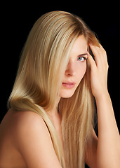 Image showing Beauty, hair and portrait of woman with straight hairstyle, salon care and keratin isolated in dark studio. Styling, treatment and face of blonde girl with healthy haircare shine on black background.