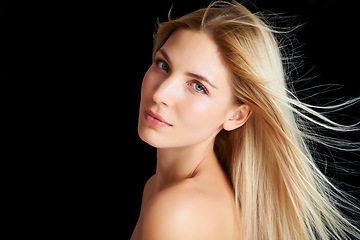 Image showing Shine, hair and portrait of woman in wind with straight hairstyle, salon beauty and mockup isolated in dark studio. Styling, keratin treatment and face of girl with haircare on black background space