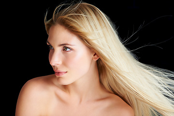 Image showing Hair care, wind and beauty of woman, thinking and skincare isolated on a black studio background. Hairstyle, makeup and breeze of blonde model in cosmetics, hairdresser and salon for facial treatment