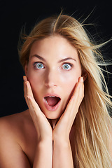 Image showing Beauty, hair and portrait of woman with shock, straight hairstyle and healthy keratin treatment isolated in dark studio. Salon styling, wow and face of girl with surprise haircare on black background