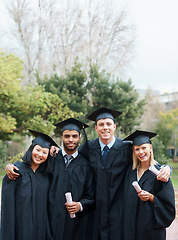 Image showing College, graduation and portrait with group of friends celebrate with diploma and certificate. University, success and happy people on campus with achievement of degree in education on scholarship