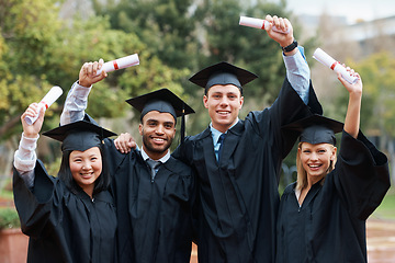 Image showing College, graduation and portrait of group in celebration with diploma, certificate and happiness. University, success and people with achievement of degree, award and education on scholarship