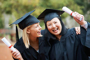 Image showing Face, graduation and excitement with student friends outdoor on university or college campus for success. Certificate, smile and achievement with graduate women at event or ceremony for celebration