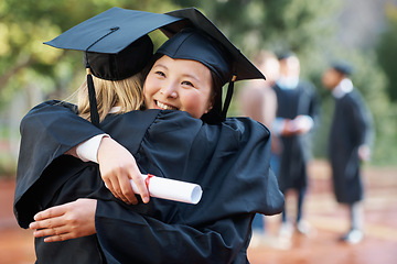 Image showing Women, hug and graduation with celebration, ceremony and achievement with knowledge and success. Friends, university and students with education and embrace with support and certificate with diploma