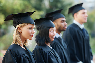 Image showing Row, graduation and students in college or university to celebrate school diploma or degree. Diversity, graduate scholarship or proud women with men or education certificate in line at ceremony event