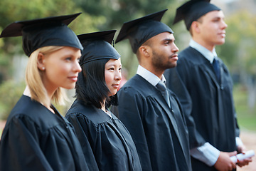 Image showing Line, graduation and students in college or university to celebrate school diploma or degree. Diversity, graduate scholarship or proud women with men or education certificate ready for ceremony event