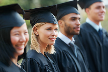 Image showing Woman, graduation and students in college or university to celebrate school diploma or degree. Diversity, graduate scholarship or proud community with education certificate in line at ceremony event