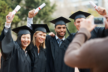 Image showing Photograph, graduation or students in college or university to celebrate school diploma or degree. Group picture, happy graduate friends or proud women with education for goals, target or success