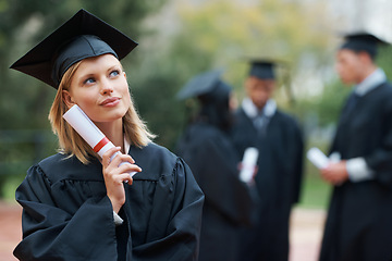 Image showing Graduation, certificate and thinking with student woman outdoor on campus for university or college event. Future, planning and vision with young graduate at school for education or scholarship