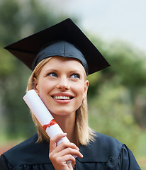 Image showing University graduation, campus or woman thinking of education, future goals and studying for opportunity. College graduate dream in nature for award, certified achievement or scholarship for knowledge