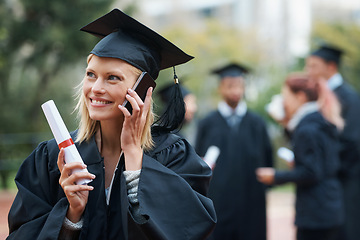 Image showing Phone call, student or happy woman in graduation on campus in university, school or college. Outdoor, education scholarship or excited graduate with mobile for talking, chatting or speaking of degree