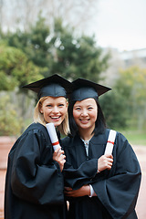 Image showing Graduation, campus or portrait of friends with education, future goal or studying for opportunity. Women, smile or happy college graduate with success, certified achievement or university scholarship