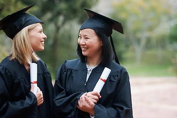 Image showing Graduation, campus or friends happy with education event, future goal or studying for opportunity. Women, smile or proud college graduate with success, certified achievement or university scholarship